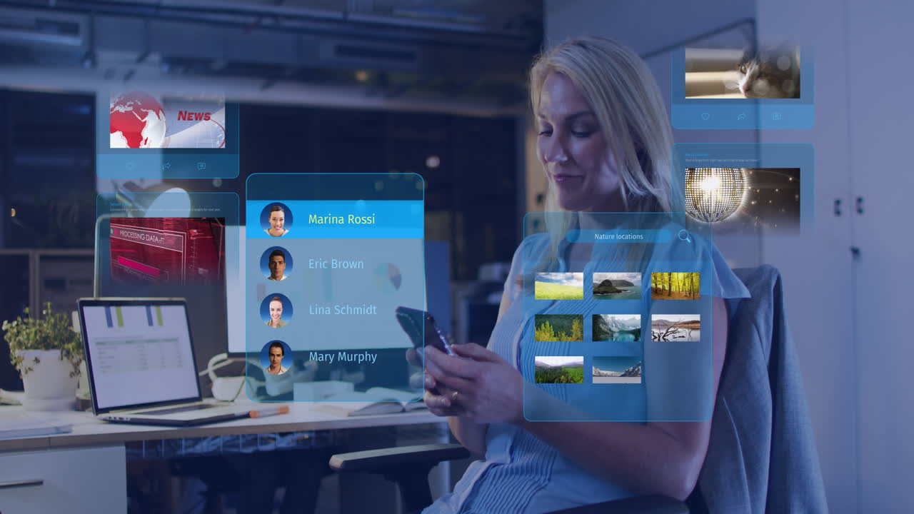 animación de publicaciones en redes sociales y perfiles de personas sobre una mujer de negocios caucásica que usa un teléfono inteligente