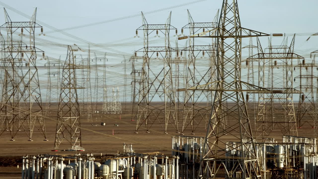 Highvoltage Transmission Towers Desert Substation With Rows Of Metal Pylons, Banks Of Transformers, Dense