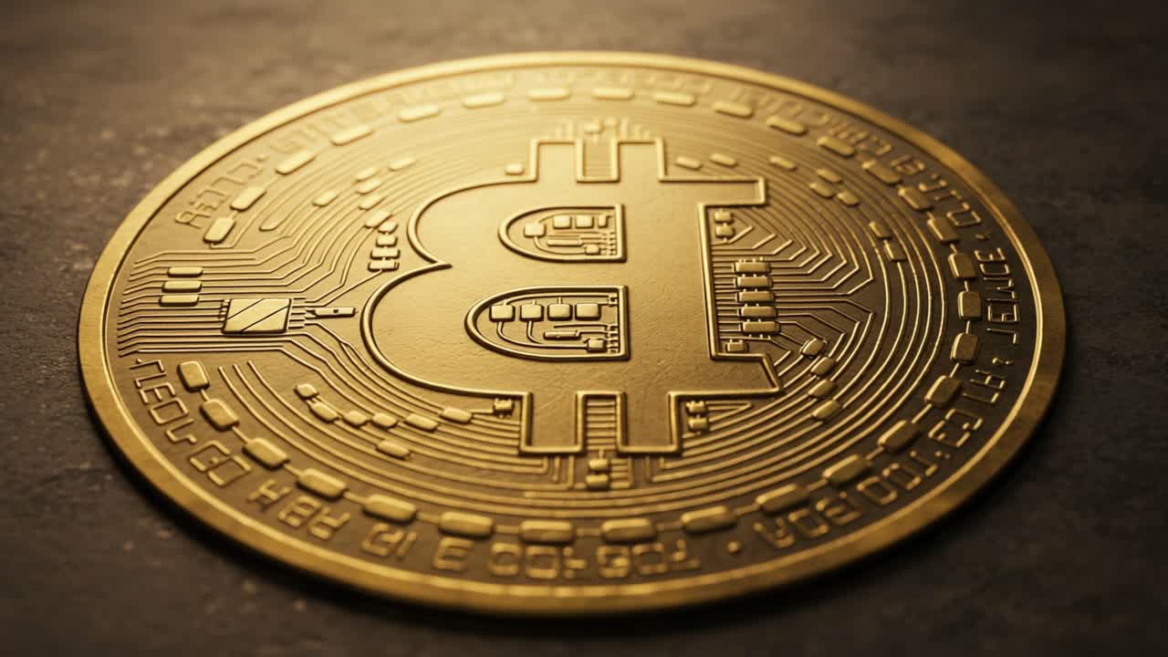 A Golden Cryptocurrency Coin Featuring Bitcoin's Distinct Symbol with Intricate Circuit Patterns, Representing Digital Currency and Modern Financial Innovation