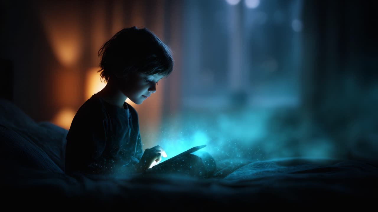 Un bambino immerso in un mondo di immaginazione, che esplora il bagliore mistico emesso da un dispositivo digitale, circondato da un'aura incantevole di particelle scintillanti