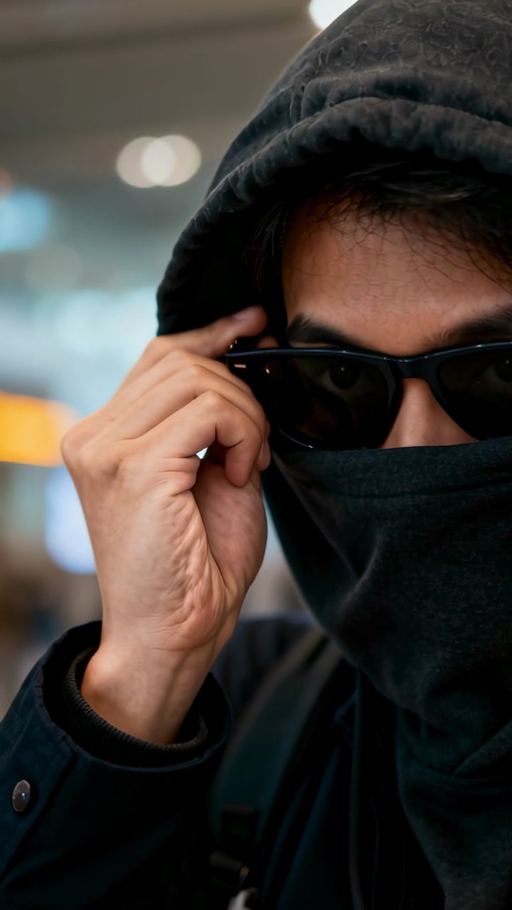 Vertical video: Pulling mask, hooded man raising shades and shielding eyes from lights at station