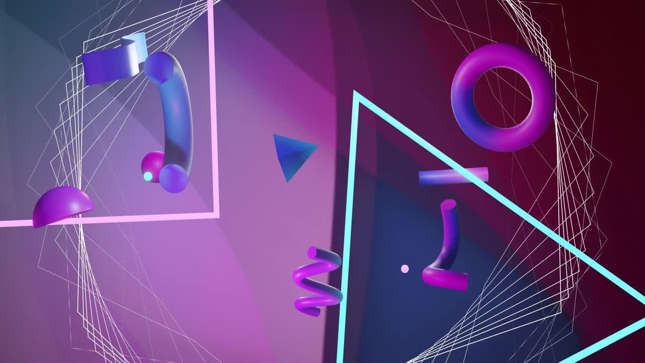 Animation of 3d blue and purple shapes over lines and network structure on purple background