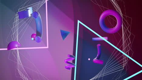 animación de formas azules y púrpuras 3d sobre líneas y estructura de red en fondo púrpura