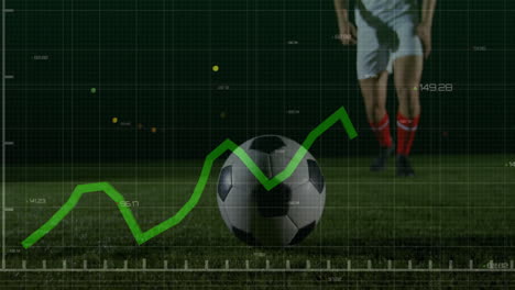 animación de gráfico financiero verde sobre el jugador de fútbol y la pelota en el campo