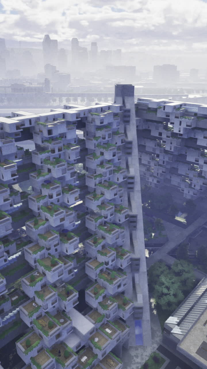 Modern architectural structure with greenery overlooking urban skyline