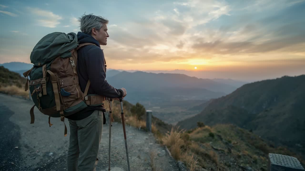 Low sun urging hiker in jacket and pack, holding poles, watching valley from ridge, copy space