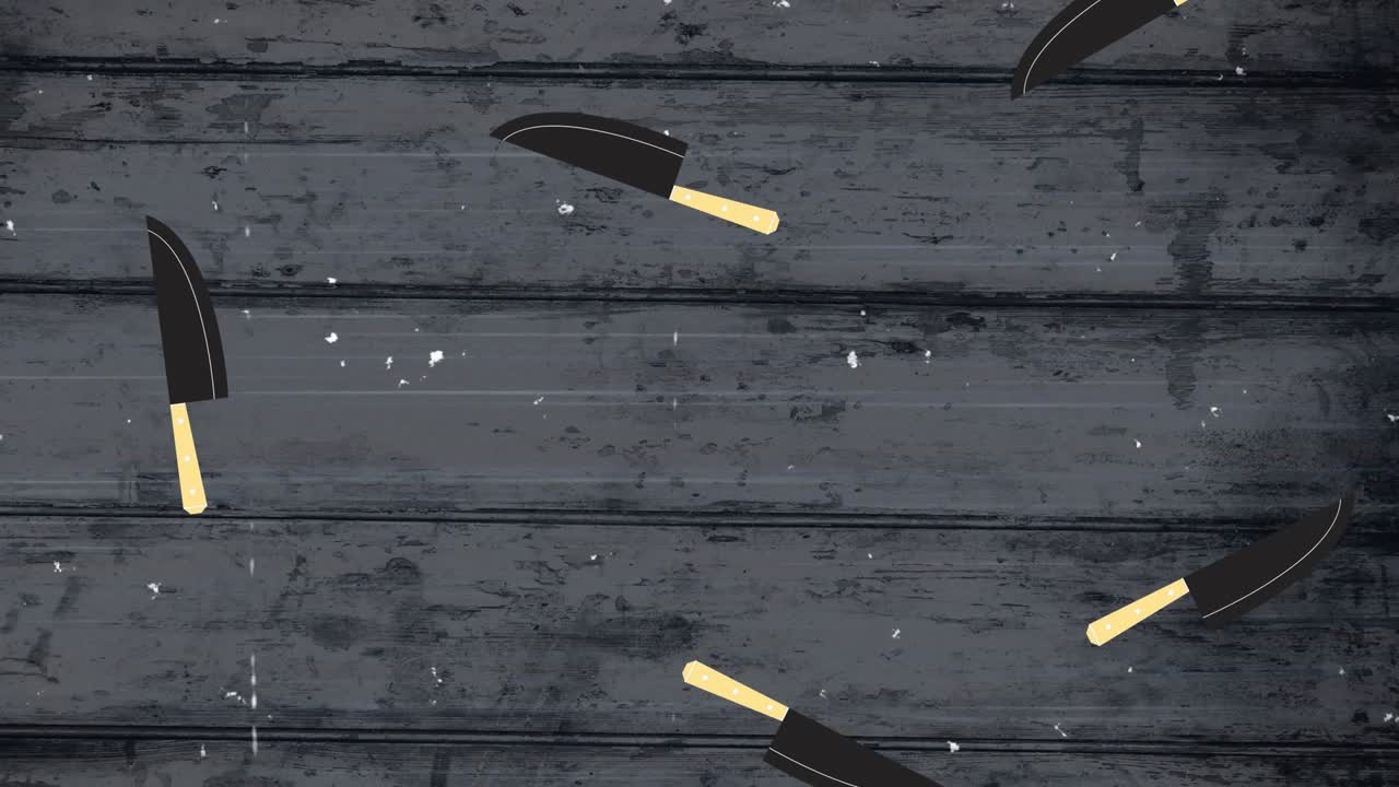 Animation of dirt and scratches over kitchen knives falling on dark wooden boards
