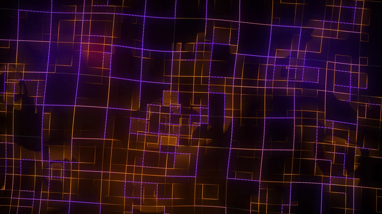 Glowing neon line work with rotating squares animation on dark gradient background dynamic motion graphics and visual effects seamless modern design lighting movement colours orange purple pink