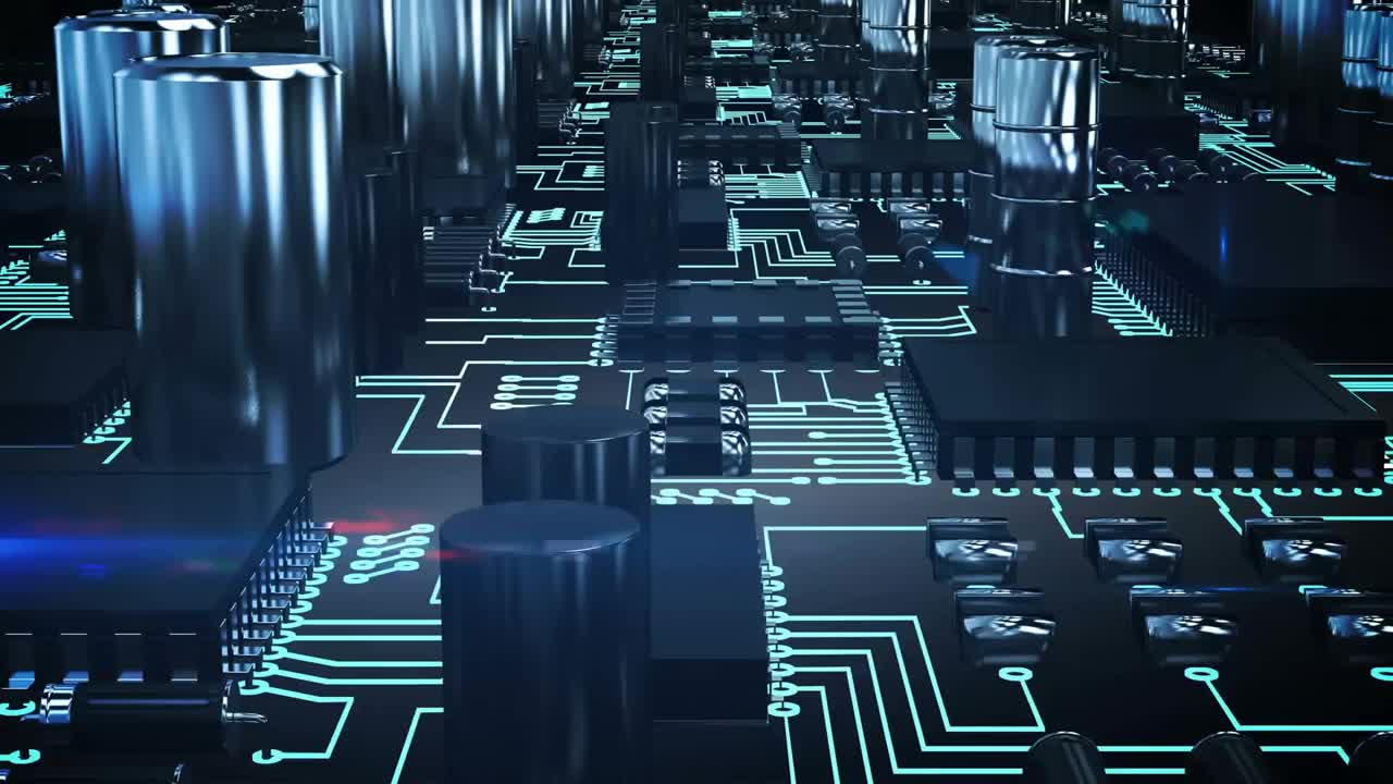 Animation of sale text over neon pattern and circuit board