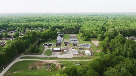 Aerial-View-Over-Wastewater-Treatment-Plant-In-Collierville,-Tennessee,-United-States---Drone-Shot