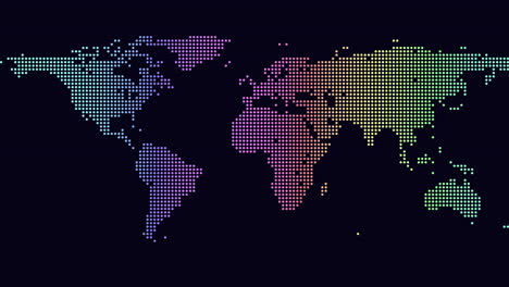 futuristic world map from neon rainbow dots on black gradient