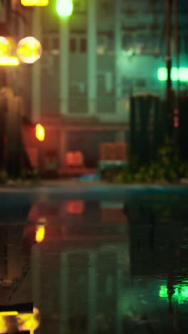 escena nocturna de la ciudad con reflejos en una piscina