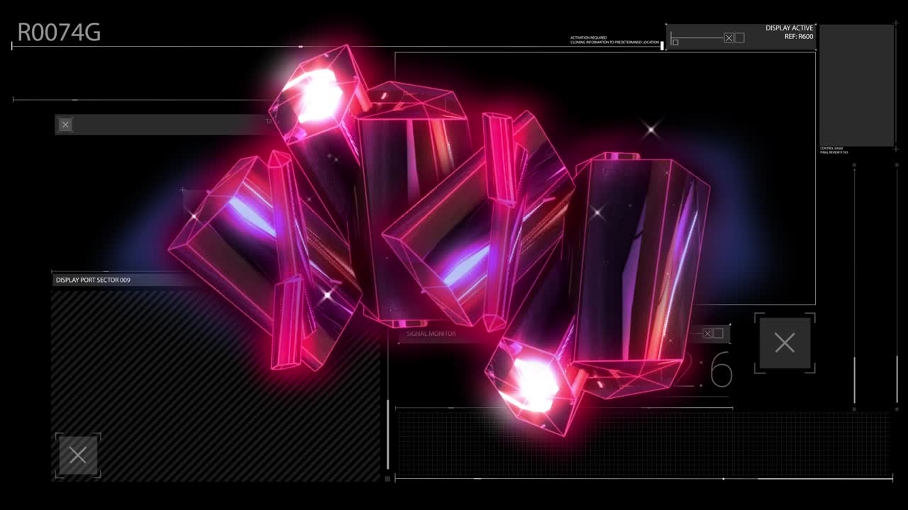 Animation of 3d glowing shapes data processing and dark background
