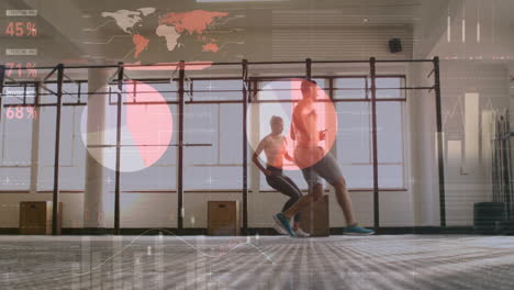 animación de procesamiento de datos estadísticos contra una pareja caucásica en forma corriendo en el gimnasio