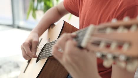 portrait of a handsome boy sitting on the couch and playing the guitar. stringed musical instrument. musical life.