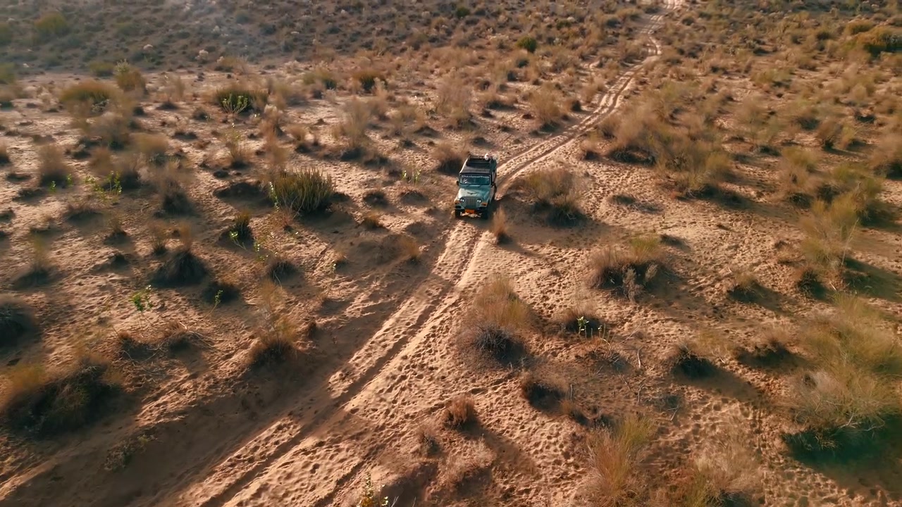 Cinematic aerial pull out shot revealing a 4x4 safari jeep driving on a sandy trail through the arid wilderness of the Thar Desert in Jaisalmer, Rajasthan, India.