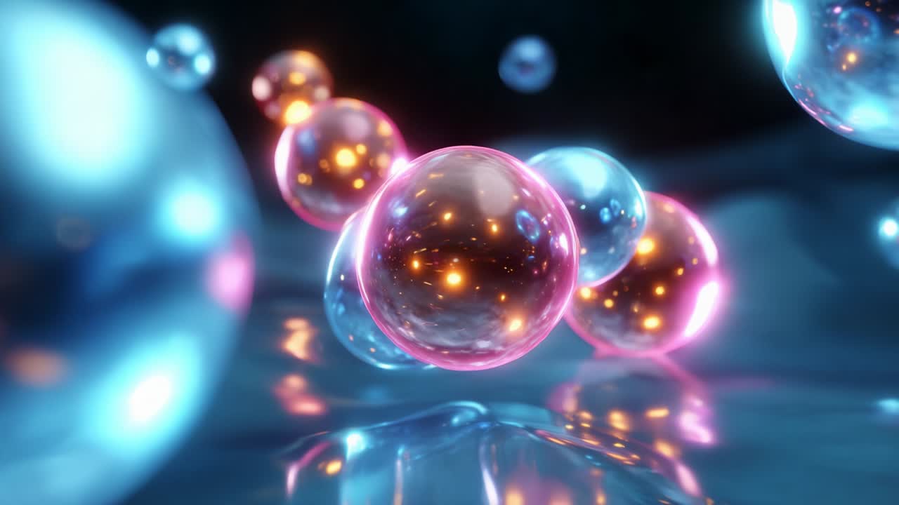 A mesmerizing visual display of luminous spheres glimmering amidst a swirling backdrop, capturing the essence of fluidity and cosmic beauty as they reflect vibrant colors and shimmering lights