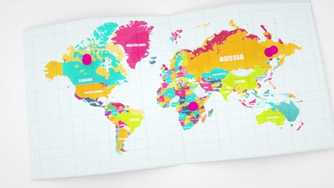 hacer zoom en el colorido mapa del mundo. concepto de viaje, animación 3d