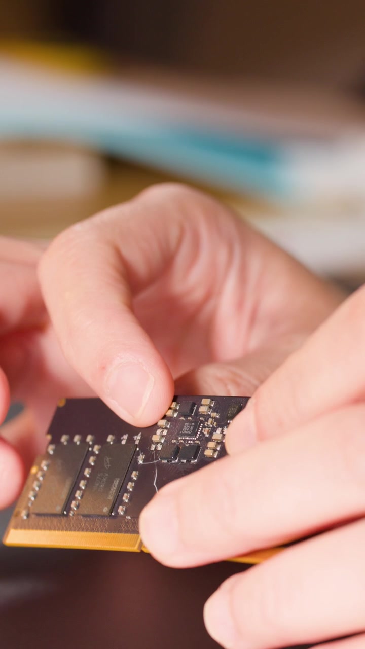 Close-up shot of hands demonstrating the flexibility of a thin black circuit board with chips
