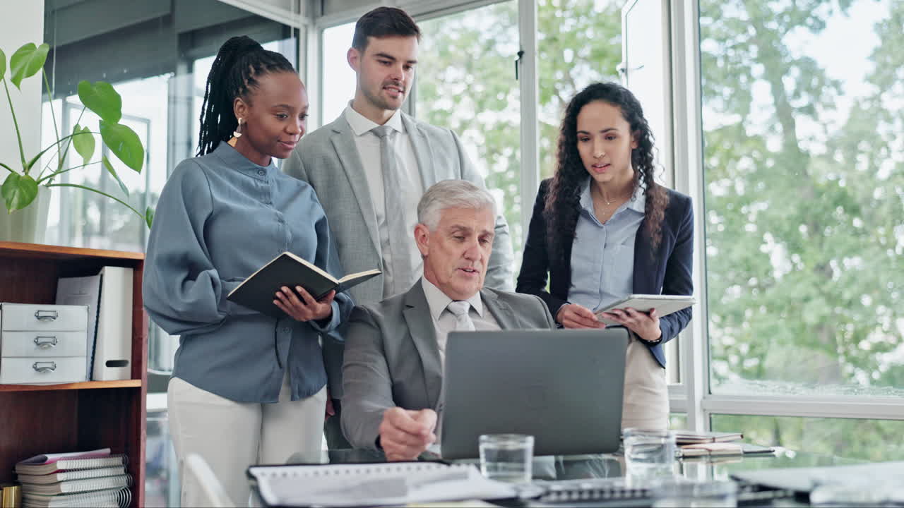 Business people, meeting collaboration and laptop
