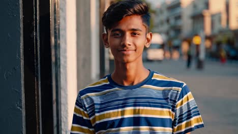 young man wearing a striped t shirt smiles confidently in an urban setting during golden hour, creating a series of warm and inviting portraits