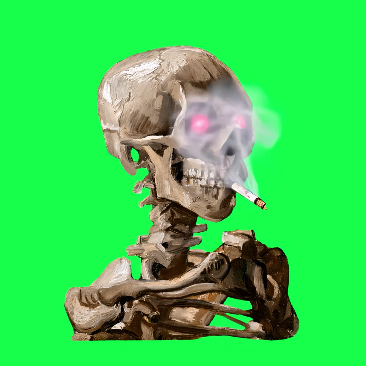 Scheletro Animato che Fuma una Sigaretta con Occhi Rossi Incandescenti su Green Screen