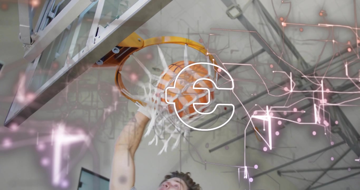Basketball going through hoop with digital currency symbol overlay animation