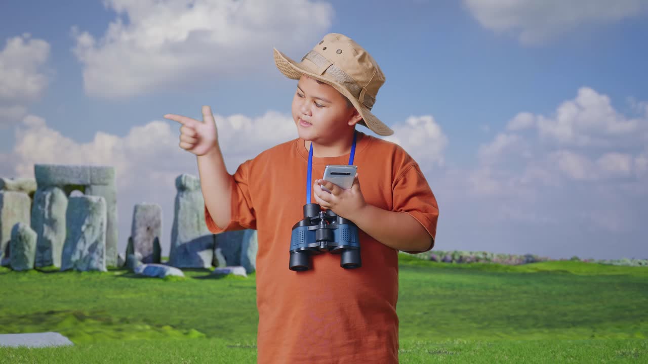 Asian Boy With A Hat And Binoculars Looking At Smartphone Then Smiling And Pointing To Side While Traveling In Stonehenge. Boy Researcher Examines Something, Travel Tourism Adventure Concept