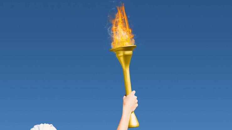Animation of female athlete holding flaming torch, on blue sky