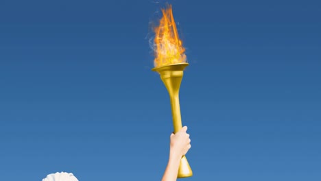 Animation-of-female-athlete-holding-flaming-torch,-on-blue-sky