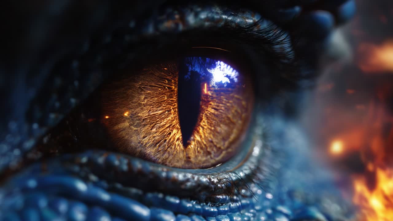 An Intense Close-Up of a Stunningly Realistic Dragon Eye, Exuding Mystique and Power, Merging Elements of Fire and Darkness, Capturing an Epic Fantasy Moment Filled with Emotion and Depth