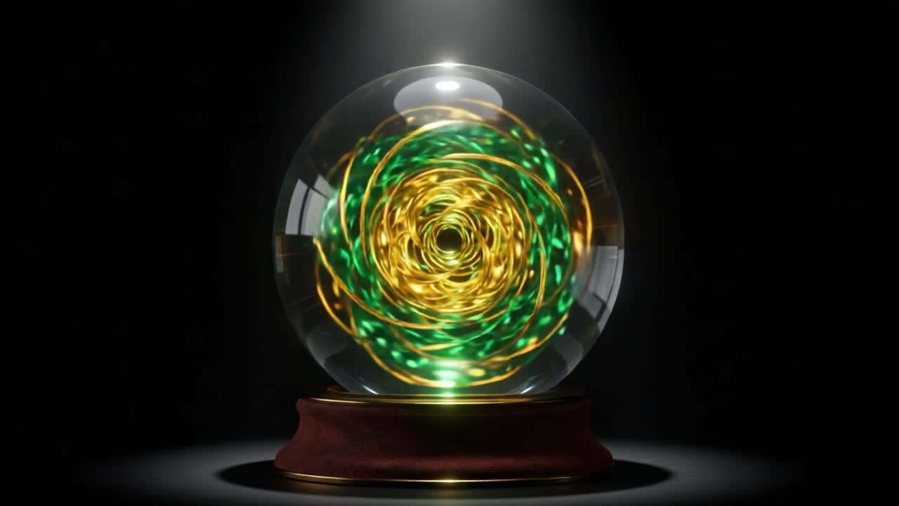A Captivating Crystal Sphere with Whirling Green and Golden Patterns Enveloped in Mystical Light, Enriching the Surrounding Darkness with Enchantment and Wonder
