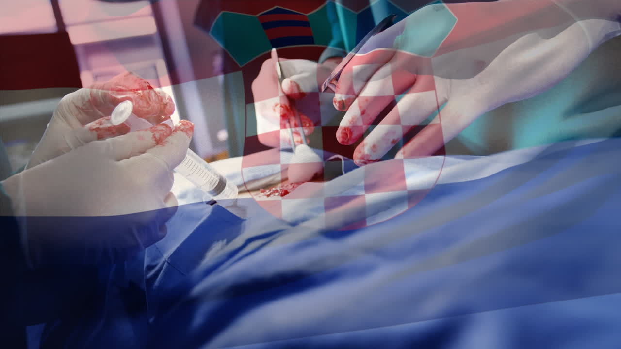 animación de la bandera de croacia sobre los cirujanos en el quirófano
