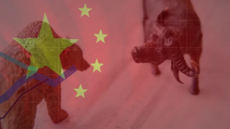 Animation-Der-Chinesischen-Flagge,-Die-über-Der-Finanzdatenverarbeitung-Schwenkt,-Mit-Blauen-Linien-über-Bär-Und-Stier