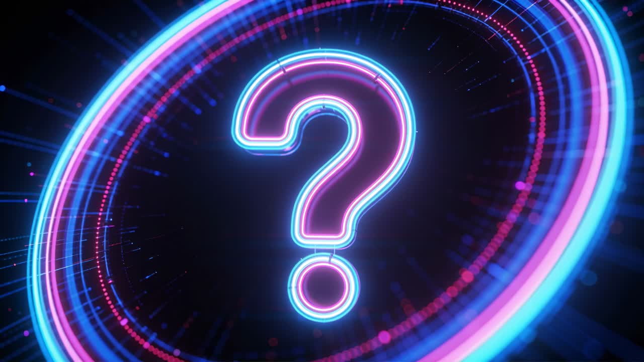 Loop starting, neon question mark pulsing at motion stage with rotating rings, particles for reveal