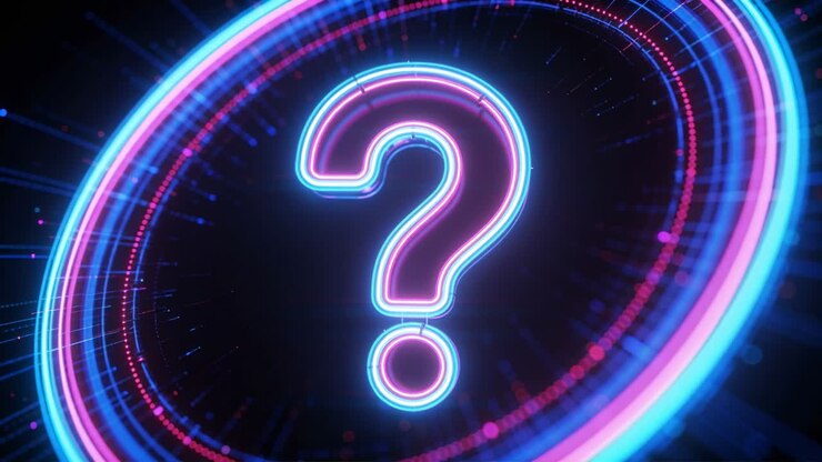 Loop starting, neon question mark pulsing at motion stage with rotating rings, particles for reveal