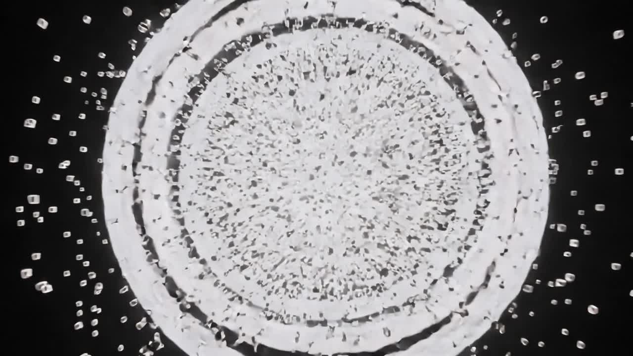Breaking central target rings emitting cube cloud from center in abstract black field, dark cube
