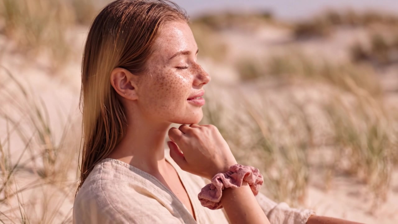 Bellezza serena: una giovane donna si gode la calma della natura seduta sulla sabbia, abbracciando la dolce brezza tra le dune e un paesaggio illuminato dal sole.