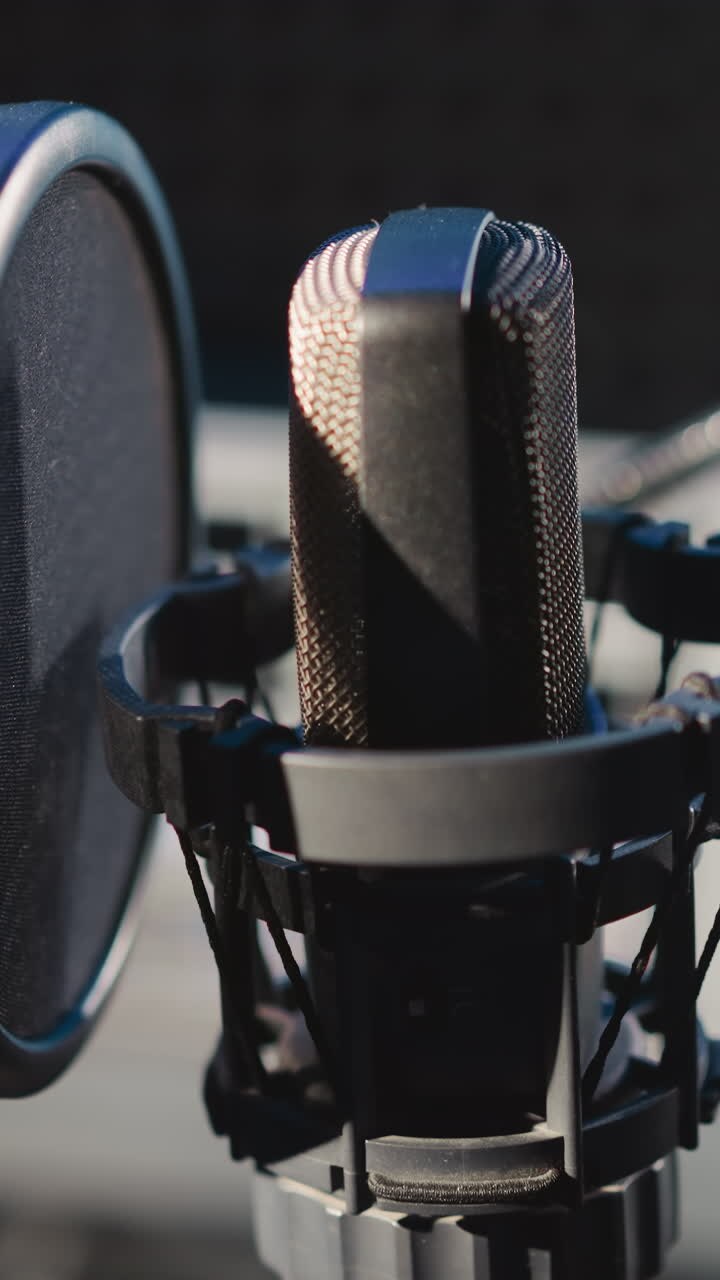 Audio recording studio with microphone closeup. Contemporary microphone with filter on stand in acoustically isolated room. Recording equipment