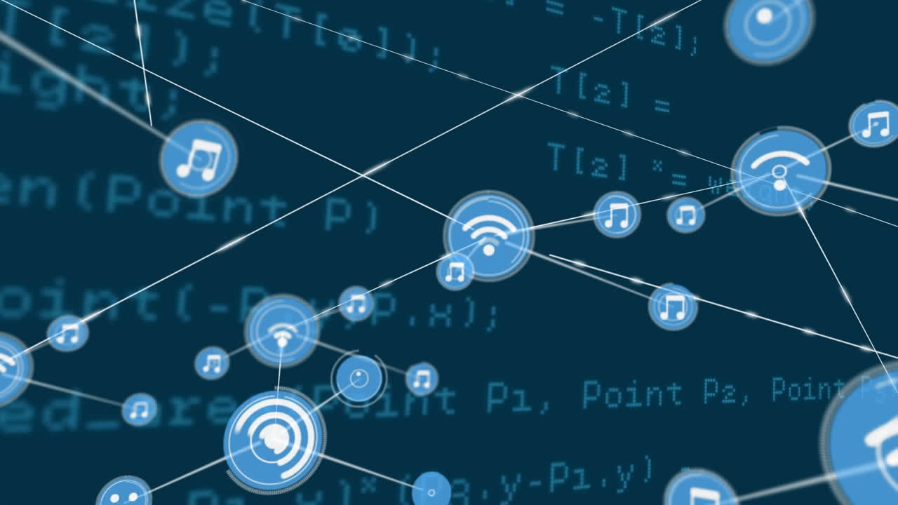 conectores en movimiento y datos digitales en fondo azul