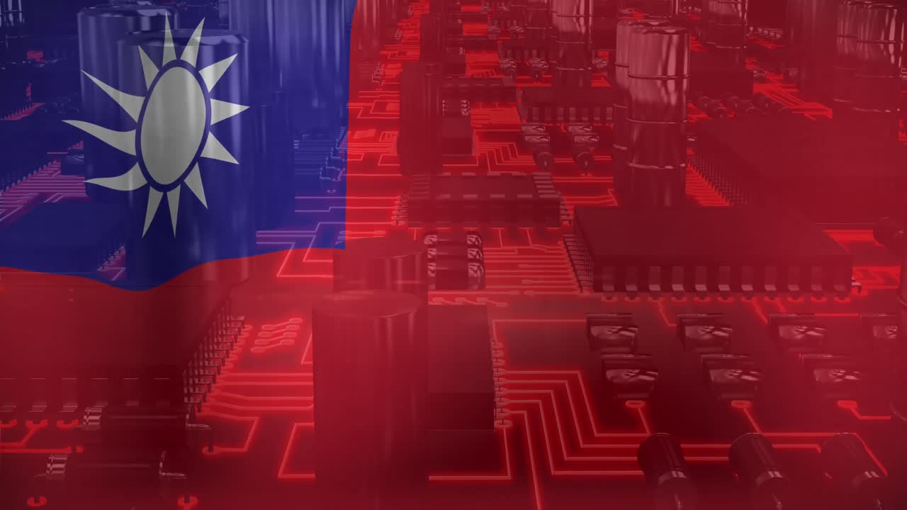 animación de una placa de circuito de computadora con procesamiento de datos y bandera de taiwán