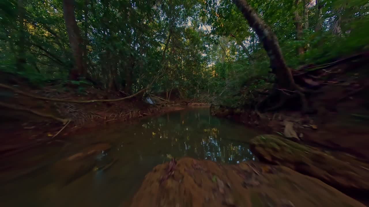 vuelo dinámico de drones sobre el río comate tropical en la selva profunda durante el día - hermoso pequeño arroyo con cascada