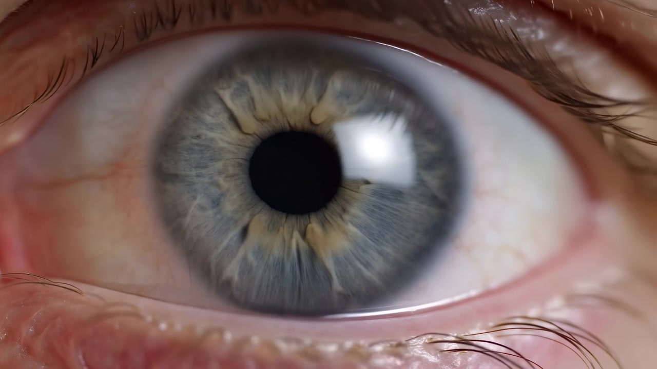 Macro frontale estrema mostra un occhio umano che si apre lentamente, rivelando una pupilla scura centrata, iride blu-grigia, striature radiali dorate, riflesso corneale umido, texture della pelle morbida e un'atmosfera clinica calma