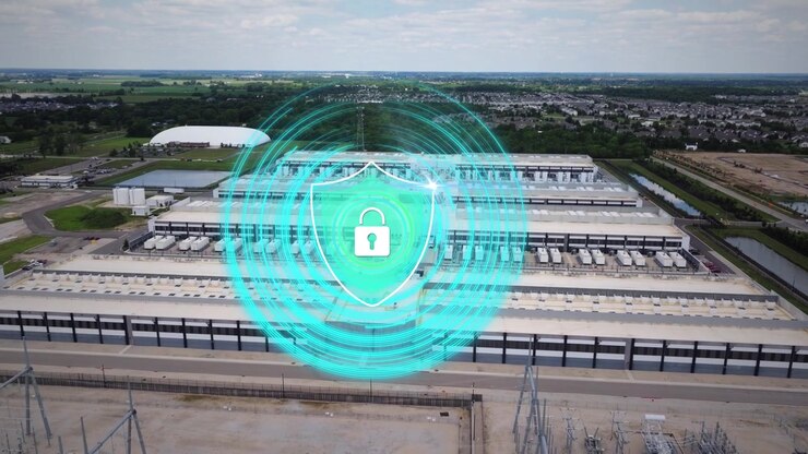 Data center cybersecurity protection with digital shield and security animation securing servers, infrastructure and critical data