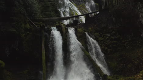 Untere-Panther-Creek-Wasserfälle-Rauschen-über-Felsvorsprung,-Moosbedeckte-Baumstämme,-Obere-Wasserfälle-Im-Hintergrund,-Statische-Ansicht