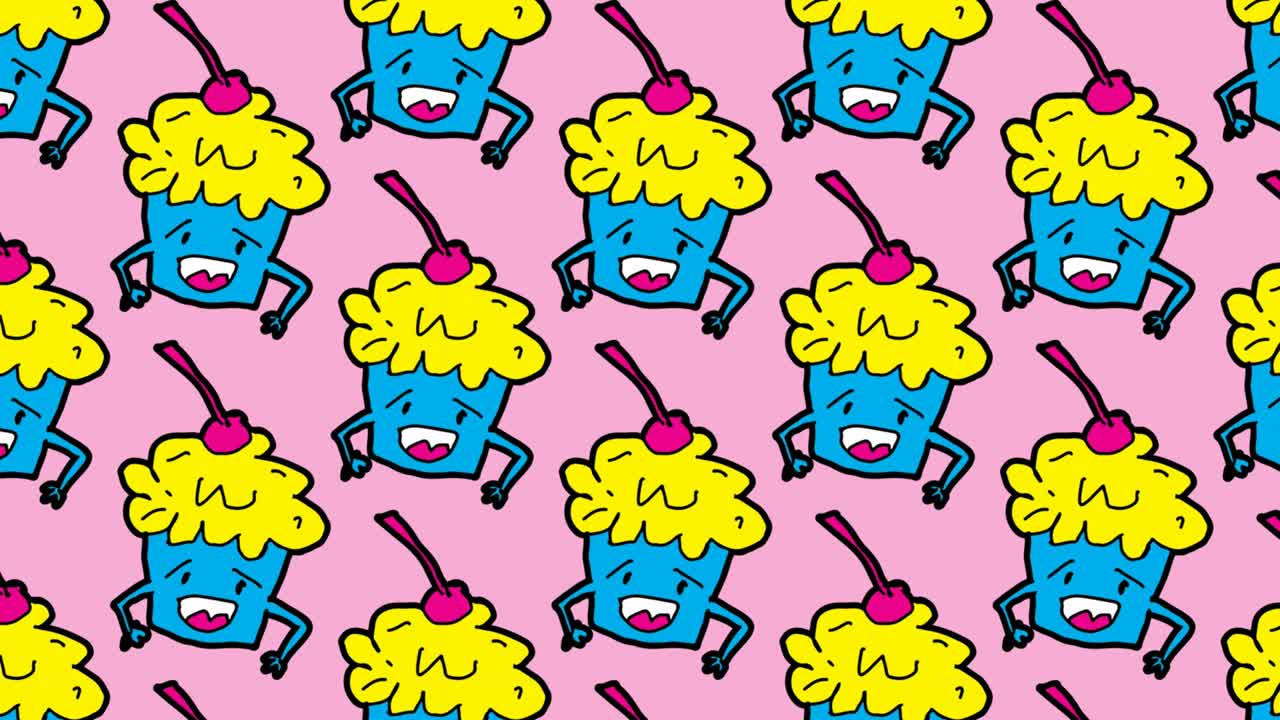 컵 케이크 테마로 팝 아트 이 없는 배경을 그리는 아이들