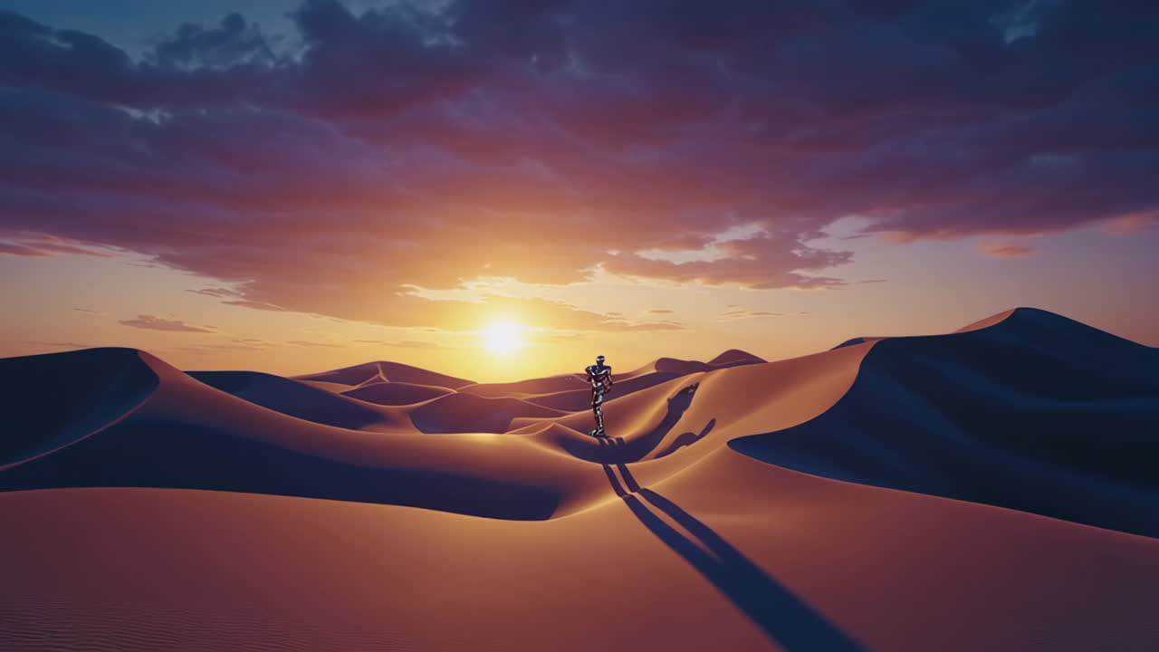 Abstract Metallic Art and a Futuristic Desert Landscape at Sunset