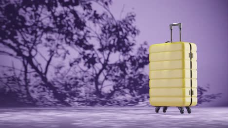 maleta de viaje de equipaje con naturaleza planta árbol brisa de verano en fondo púrpura concepto de viaje vacaciones y trabajo remoto animación de renderización 3d