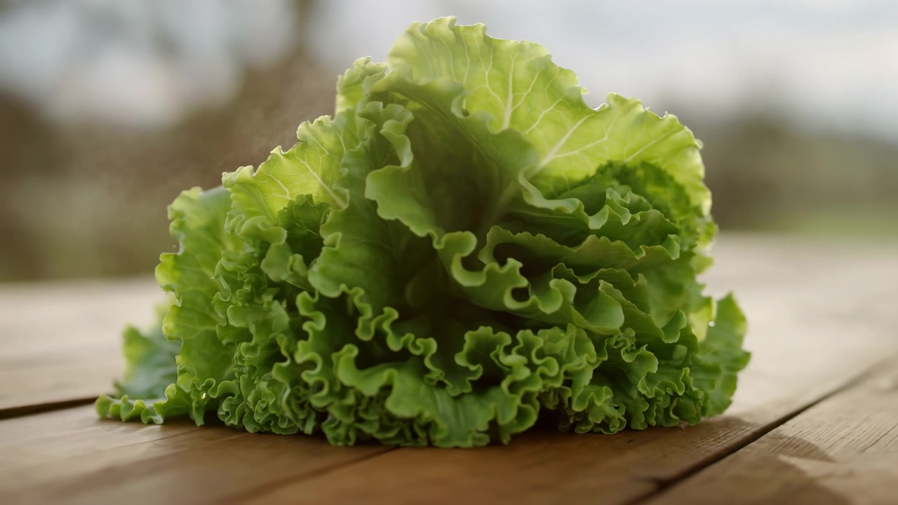 Un cespo fresco di lattuga riccia verde si trova su un tavolo di legno rustico con una sfocatura esterna delicata e la luce naturale del giorno, creando una semplice scena di cibo sano con un'atmosfera invitante.