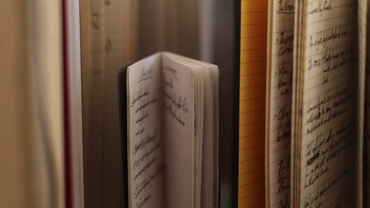 Handheld moving close-up shot of old notebooks